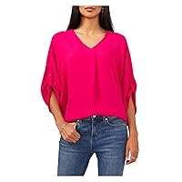 Vince Camuto Womens Pink Pleated Sheer Roll Tab Pullover Vented Hem Dolman Sleeve V Neck Blouse L