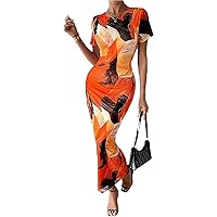 Short Sleeve Tight Maxi Dress for Womens Graffiti Crew Neck Bodycon Sexy Hip Out Curve Lounge Long Dress Elegant