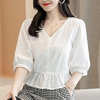 Embroidered Blank Shirt Women's pentapped Sleeves Small Stature Short top Cotton V-Neck Shirt M White
