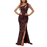 One Shoulder Tassel Prom Dresses Sequin Mermaid Maxi Dress Sparkly Bodycon Formal Evening Party Gowns with Slit