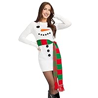 Tipsy Elves Women's White Snowman Ugly Christmas Sweater Dress with Scarf, Large