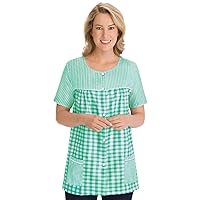 Collections Etc Seersucker Checkered Pattern Snap Front Top with Pockets, Lightweight Short-Sleeve Scoop Neckline Shirt