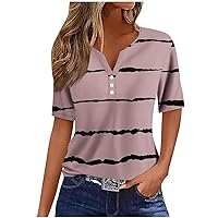 Womens Summer Fashion Shirts Casual V Neck Short Sleeve Lightweight Tops with Button 2024 Stylish Print Breathable Blouse