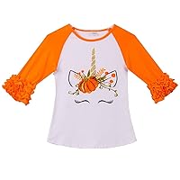 Little Girls Ruffle Sleeve Unicorn Pumpkin Halloween Raglan Top T-Shirt Te