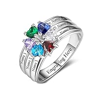 Real Gold Personalized Birthstone Ring for Women 1/2/3/4/5/6 Heart Stones Name Engraved Ring for Mother Wife Daughter Family