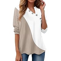 T Shirts for Women Casual Fashion Print Button V Neck Tees Blouses Long Sleeve Sexy Loose Fit Tops Trendy Clothes