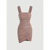 Dresses for Women - Ruched Wrap Hem Mesh Cami Dress (Color : Dusty Pink, Size : X-Small)