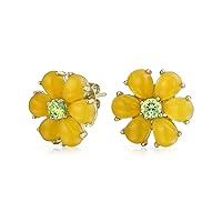 Romantic Mother of Pearl CZ Jade Gemstone Button-Style Heart-Shaped Petals Flower Clip-On Earrings or Pierced with Omega Clip for Women Gold & Silver Plated