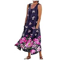 Italian Summer Outfits Beach Dresses for Women 2024 Floral Print Bohemian Casual Loose Fit Flowy with Sleeveless U Neck Linen Dress Purple 5X-Large