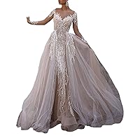 Women's Plus Size Lace Sequins Mermaid Wedding Dresses for Bride Long with Detachable Train Bridal Ball Gowns