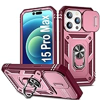 PASNEW for iPhone 15 Pro Max Case,Camera Slide Cover & 360° Kickstand,Military Hard Shell Heavy Duty Full Body Shockproof Multi-Layer Protection Case 15 Promax for Girls,6.7 inch,Pink