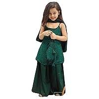 Indian Kids festival Bottle Green Rayon Sequin Strap Kurti & Sharara Plazzo Kurti Girls Dupatta Potli bag Suit 463t