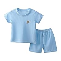 Toddler Boy Bow Tie Shirt Children's Ice Silk Short Sleeve Set Cartoon Pattern Outfit Toddler (Light Blue, 6-12 Months)