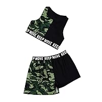 Kids Girls 2Pcs Camouflage Print Racerback Crop Top and Skirt Short Dancing Outfits Jazz Hip Hop Streetwear Set