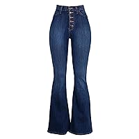 Andongnywell Women's High Rise Button Flare Jeans Bell Bottom Raw Hem Denim Pants Boot Cut Wide Leg Trousers