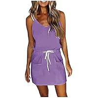 Summer Dresses for Women Spaghetti Strap V Neck Elastic Waist Beach Sun Dress Cover Ups Mini Tank Dress with Pocket
