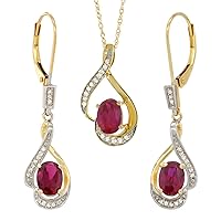 14K Yellow Gold Diamond Enhanced Genuine Ruby Lever Back Earrings & Necklace Set Oval 7x5mm, 18 inch long