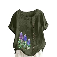 Summer Women Cotton Linen Tshirt Tops Casual Loose Fit Trendy Floral Printed Tunic Tees Short Sleeve Button Blouses