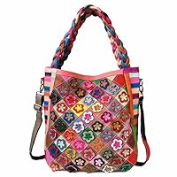 Segater Women Flower Multicolor Handbag Genuine Leather Shoulder Purse Colorful Patchwork Work Shopper Satchel