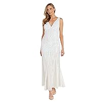R&M Richards Long Beaded V Neck Gown W/Embroidered Iridescent Sequin and Mesh Godet Insets