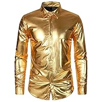 Men Shiny Gold Coated Shirts Long Sleeve Disco Dance Party Shirt Mens Halloween Costume Stage Prom Shirt