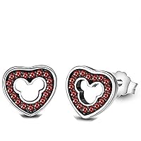 Lovely Heart Mickey Mouse 14K Black & White Gold Over 925 Sterling Sliver With Fashion Round Cut Red Garnet Cubic Zirconia Stud Earring For Teen Girls and Women's Valentine's Day Gift,Birthday Gifts
