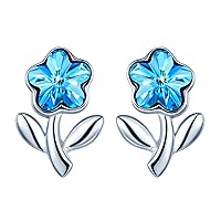 925 Sterling Silver Stud Earrings Rose with Blue Crystal for Girls