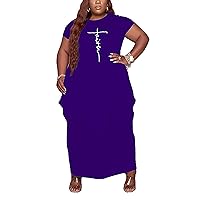 Women's Summer Plus Size Short Sleeved Long Dress Casual Loose Faith Beach Maxi Dress with Pockets