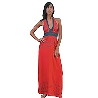 Stark Red Embroidered Maxi Halter Dress Elastic Back Lace Mid-rift Ties Behind The Neck