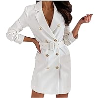 2024 Women's Belted Waist-Defined Blazer Dress Double Breasted Lapel Long Sleeve Business Mini Dresses with Pockets