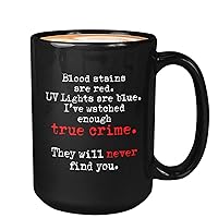 Horror Coffee Mug 15oz Black - Blood Stains are Red UV Lights are Blue - Halloween Dark Humor Women Couple Men