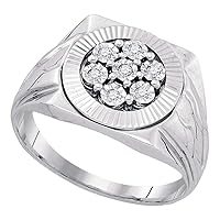 Solid 925 Sterling Silver Real Natural Diamond Mens Flower Cluster Illusion-set Anniversary Ring 1/10 Carat (.10 Cttw)