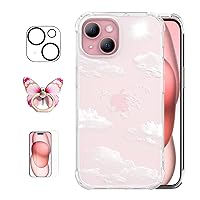 ROSEPARROT Designed for iPhone 15 Case with Tempered Glass Screen Protector + Camera Lens Protector,Clear with Floral Pattern Design,Shockproof Protective Cover,6.1