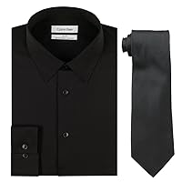 Calvin Klein Men's Slim Fit Herringbone Dress Shirt and Silver Spun Tie Combo, Black/Black, 18