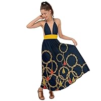 CowCow Womens Circle Chain Print Vintage Patchwork Sexy Party Backless Maxi Beach Dress, XS-3XL