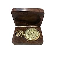 Hassanhandicrafts Nautical Brass Antique Clock Compass Pocket Watch with Brass Chain & Wooden Box