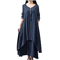ZOCAVIA Women's Plus Size Cotton Linen Maxi Dress Beach Vacation Solid Crewneck Long Sleeve Irregular Hem Dress with Pockets