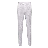 Men's Modern Fit White Floral Dress Pants Wrinkle-Free Stretch Flat Front Casual Pants Comfort Suit Pant
