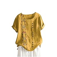 Oversized Crew Neck Cotton Linen Tops for Women Summer Short Sleeve Tee Shirts Floral Printed Dressy Blouses