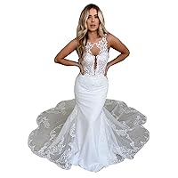Women's Backless Lace Beach Mermaid Wedding Dresses for Bride Long with Train Bridal Ball Gown Plus Size