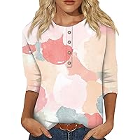 Plus Size 3/4 Sleeve Summer Tops for Women Trendy Button Down Crewneck Shirts Dressy Casual Blouses Printed Graphic Tees