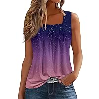 NAMTYQX 4Th of July Tank Tops for Women Ruffled Square Collar Tank Tee Summer Casual Loose Fit Sleeveless Cute Beach Shirts