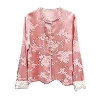 Women Blouse Silk Floral Pattern Pleated Crew Neck Long Sleeve Hand Button Retro Top 132