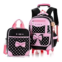 MITOWERMI Rolling Backpack for Girls Trolley School Bags Cute Bowknot Backpack with Wheels Carry-on Travel Luggage with Handbag Toddler Elementary Princess Bookbags