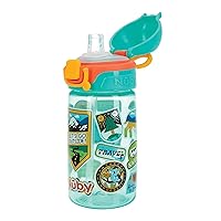 Nuby Kids No Spill Flip-it Adventure and Travel Sticker Water Bottle with Soft Silicone Straw: 18+ Months, 14oz / 420ml