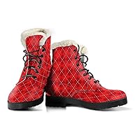 Red Argyle Vegan Leather Boots with Faux Fur Lining