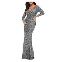 Women's Wrap V Neck Party Maxi Dress Long Sleeve Sparkly Sequin Evening Dresses Ruched High Waist Cocktail Prom Dress