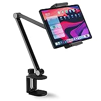 NueZoo iPad Stand Holder Mount, Aluminum Long Arm Tablet Clamp Mount for Desk, 360° Swivel Phone Holder for Bed, Compatible with 4.5-13inch Mobile Phone and Tablet – Black