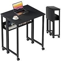 GreenForest Folding Desk Small Foldable Table with Storage Shelf 24.8 Inch Rolling Computer Desk with Wheels Space Saving for Bedroom, Home Office, Easy Assembly, Black