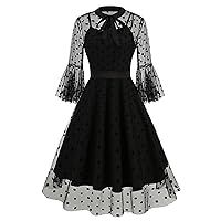 Women Vintage Mesh Embroidered Butterfly Evening Dress V Neck Short 3/4 Sleeves Wedding Cocktail A Line Midi Gown